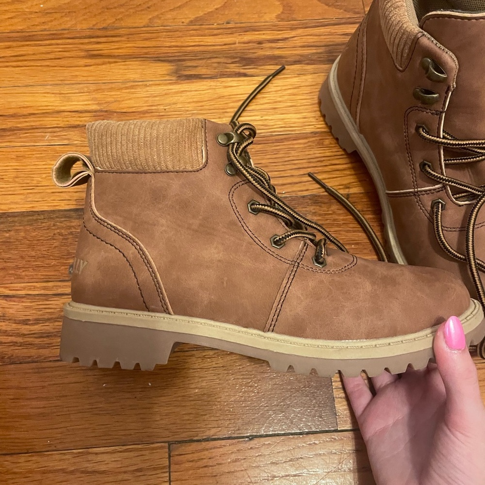 Brown Moto Combat Boots with Rugged Sole and Padded Collar